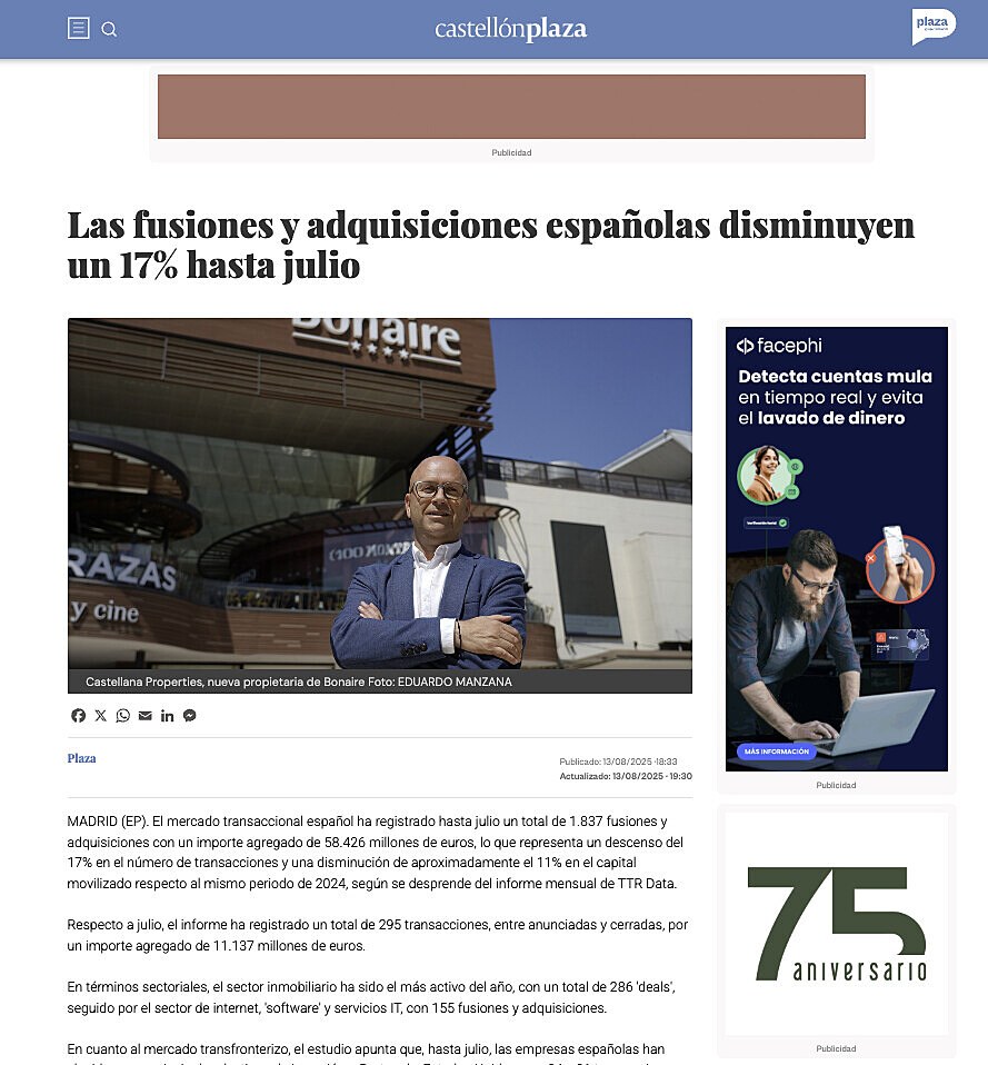 Las fusiones y adquisiciones espaolas disminuyen un 17% hasta julio